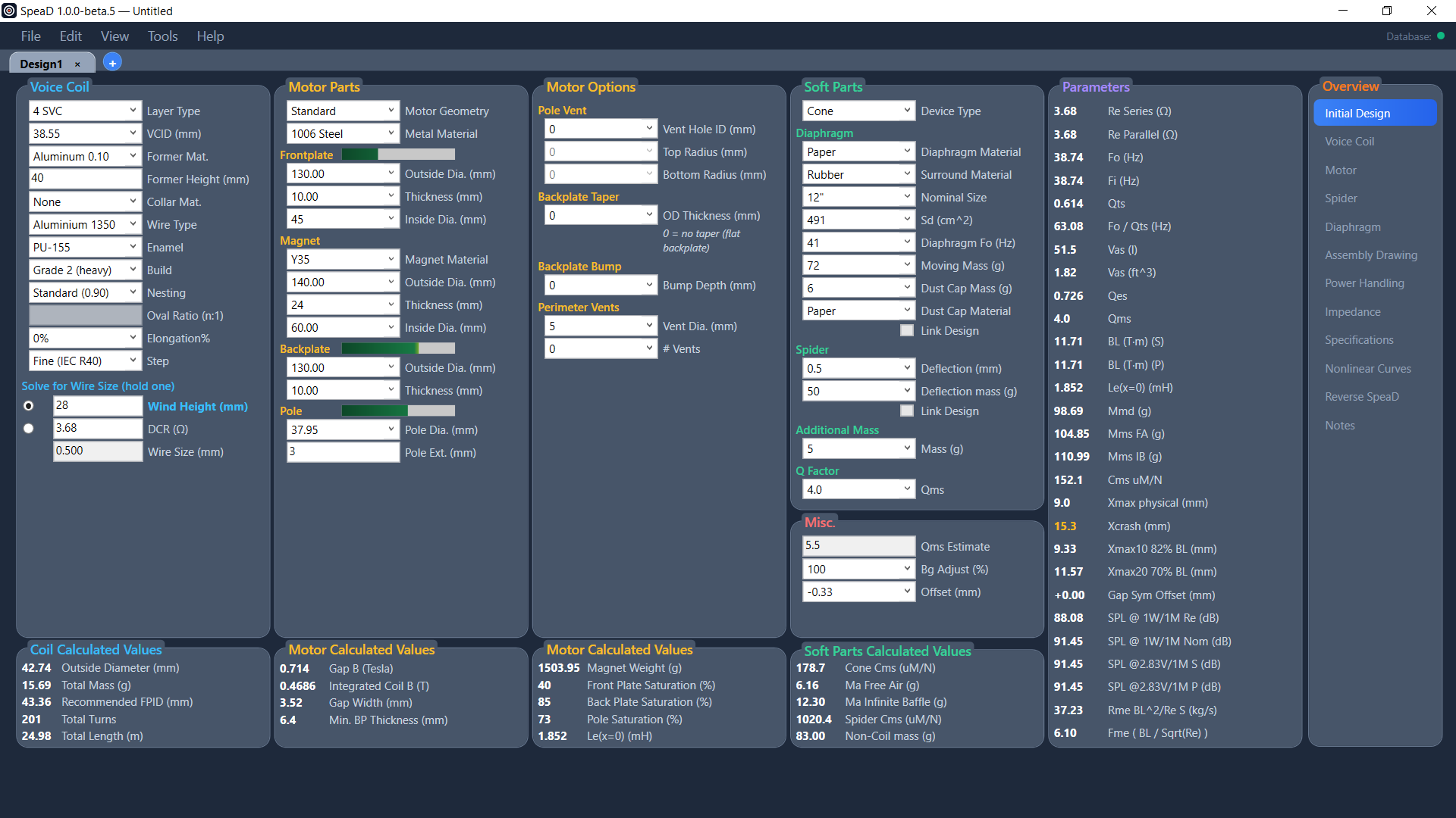 SpeaD Initial Design page, with the Voice Coil, Motor Parts, Motor Options, Soft Parts and Parameters columns and the Overview navigator listing every SpeaD tab