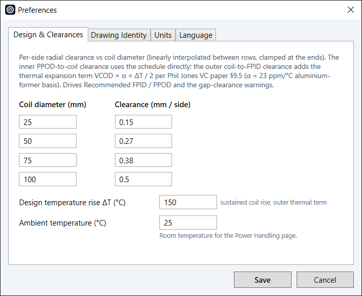 SpeaD Preferences, Design and Clearances tab, with the clearance schedule