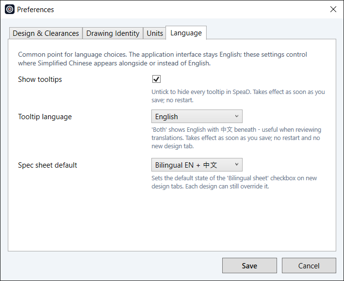 SpeaD Preferences, Language tab