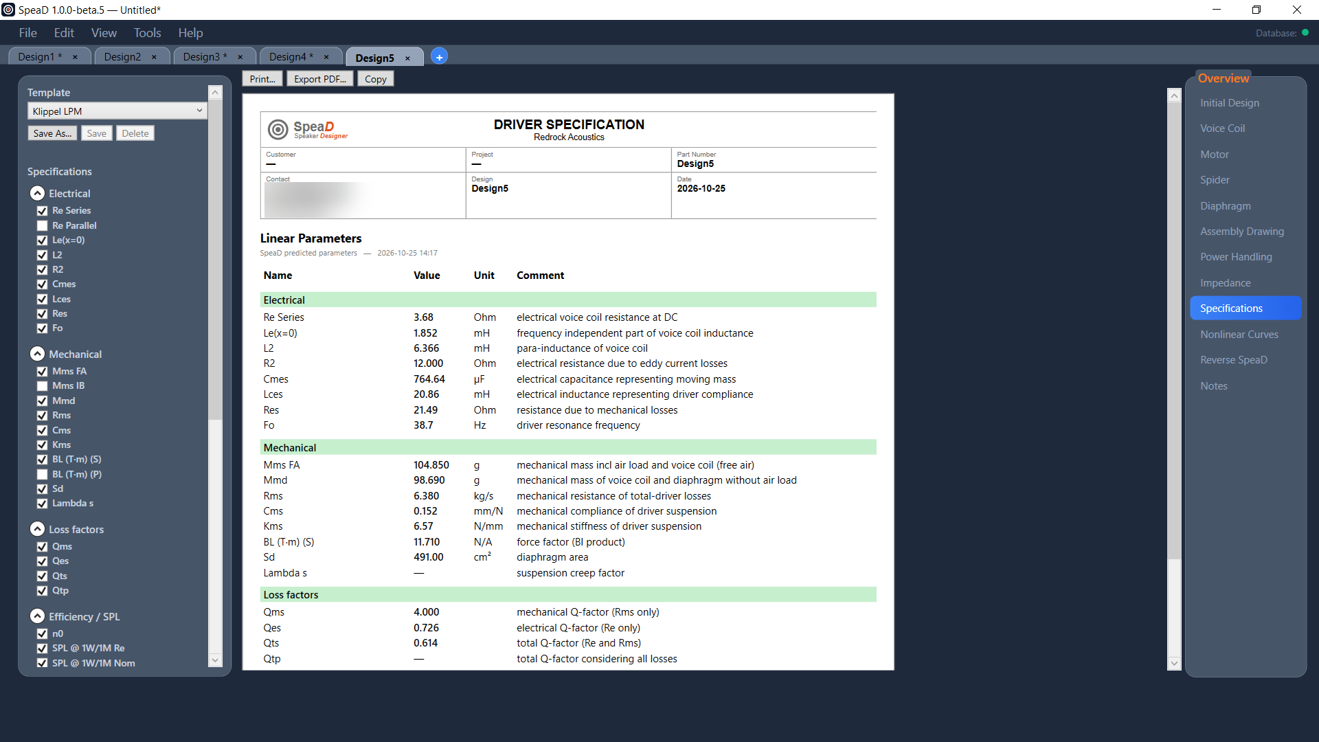 SpeaD Specifications page with the Klippel LPM template selected