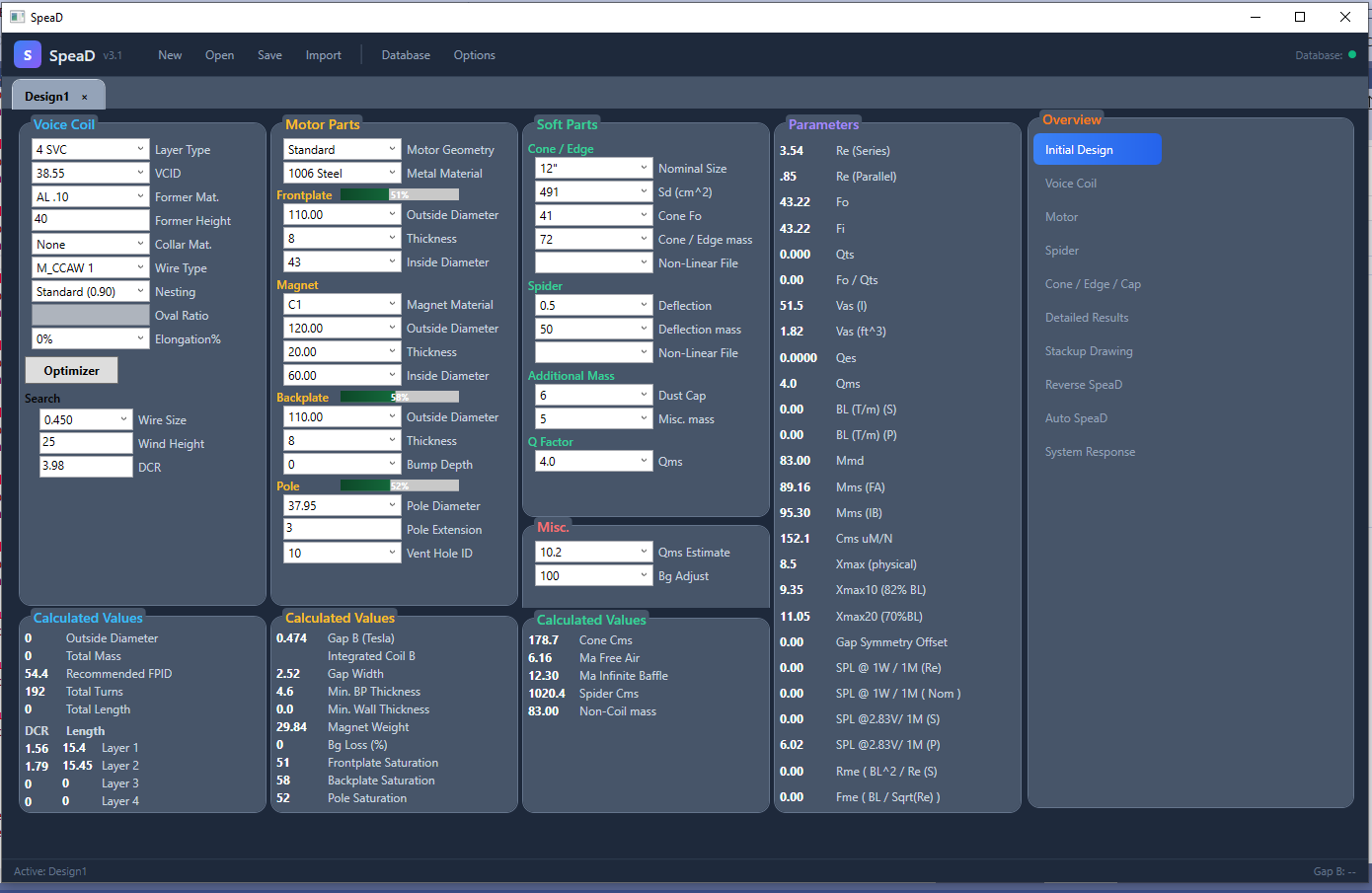 SpeaD main interface, showing the design workspace with side tabs for Voice Coil, Motor, Spider, Cone/Edge/Cap, Reverse SpeaD and other modules